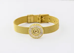 Gold Plated Stainless Steel Mesh Strap Letter Q Zircon Bracelet Adjustable Jewelry