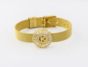 18k gold plated copper mesh strap initial K bracelet with dazzling micro paved cubic zirconia.