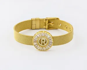 Exquisite 18k gold plated mesh strap bracelet featuring a sparkling CZ letter R charm detail.