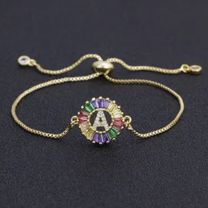 18K Gold Plated Copper Initial Bracelet For Women Colorful Round Zirconia A-Z Alphabet Pendant Adjustable Chain Fashion Jewelry Gift
