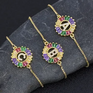 Gold plated colorful zircon initial letter bracelet for women, adjustable fashion jewelry.