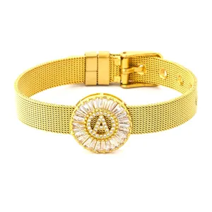 Gold-plated mesh strap letter A bracelet with micro-inlaid cubic zirconia stylish jewelry.