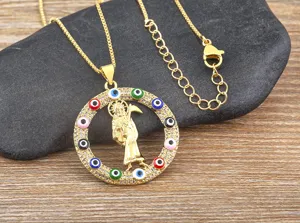 Gold-plated vintage scythe grim reaper pendant necklace with colorful evil eyes and zirconia.