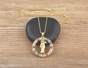 18K Gold Plated Vintage Scythe Grim Reaper Pendant Necklace with Zircon and Evil Eye Charm