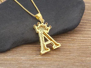 Gold crown letter A pendant necklace with black cubic zirconia for women fashion jewelry.