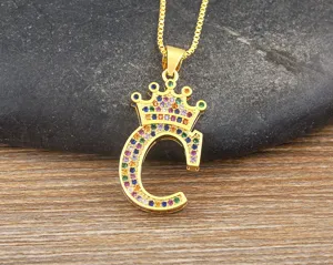 Colorful zirconia crown letter C pendant necklace, exquisite fashion jewelry for women detail.