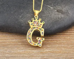 Gold-plated letter G crown pendant necklace with colorful sparkling cubic zirconia stones.