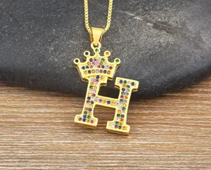 Gold-plated crown letter H pendant necklace with colorful cubic zirconia sparkling nicely.