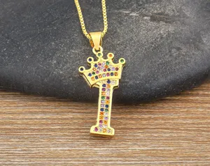 Gold crown letter I necklace with colorful cubic zirconia pendant sparkling details jewelry