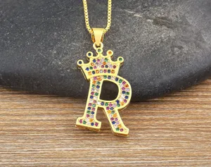 Gold-plated crown letter R pendant necklace sparkling multi-color cubic zirconia fashion jewelry