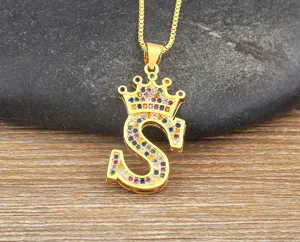 Gold crown letter S necklace colorful cubic zirconia pendant fashion jewelry for women.