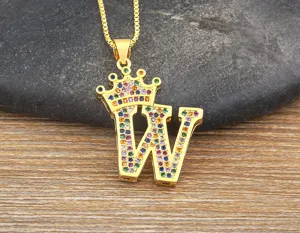 Fashion gold color letter W crown pendant necklace with colorful cubic zirconia stones.