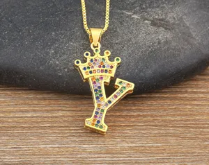Gold-plated letter Y crown pendant necklace with colorful cubic zirconia fashion jewelry accessory