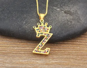 Gold-plated crown letter Z pendant necklace featuring sparkling colorful cubic zirconia stones.