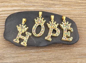Gold crown letter pendants set with colorful cubic zirconia for stylish women DIY jewelry making