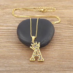 Gold letter A necklace with colorful zirconia crown pendant for women fashion jewelry.