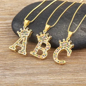 Gold-plated colorful cubic zirconia crown alphabet letter pendant necklace fashion jewelry