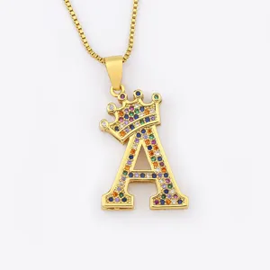 Gold initial letter A necklace with colorful cubic zirconia and cute crown pendant for women.