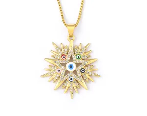 Gold plated evil eye star necklace with dazzling cubic zirconia and colorful enamel accents.