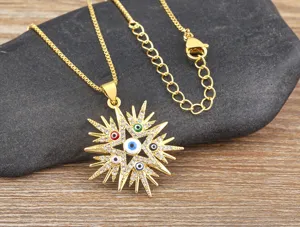 Close-up detail of the 18k gold plated evil eye pentagram necklace with sparkling zirconia.