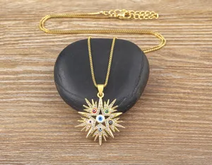 18K gold plated blue Turkish eye pentagram rhinestone necklace, exquisite detail view of evil eye pendant.