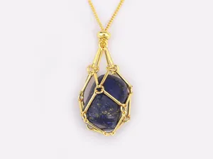 Close-up detail of the natural lapis lazuli crystal pendant in a gold-plated woven net chain.
