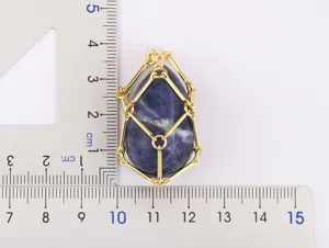 Detail view of the 18K gold plated DIY natural crystal stone wire cage pendant necklace charm.
