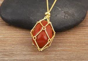 Detailed shot of copper 18K gold plated DIY natural crystal stone net cage necklace pendant.