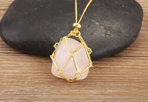 Natural Rose Quartz Pendant Necklace with Gold Plated Woven Cage Chain Detail item