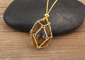 Gold plated natural stone crystal mesh cage pendant necklace detailed view for women jewelry