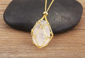 Close-up detail of the irregular crystal pendant in gold cage necklace, showcasing texture.