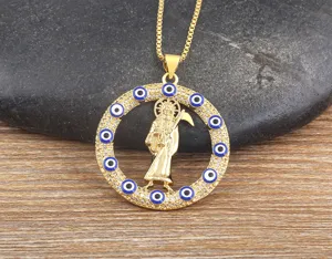 18k gold plated scythe grim reaper pendant necklace with evil eye and sparkling zircon stones.