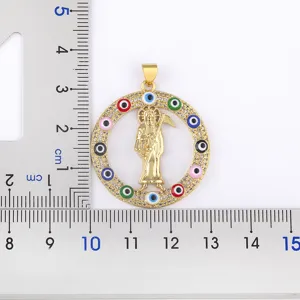 Gold plated vintage scythe grim reaper pendant with colorful evil eye zirconia stones.
