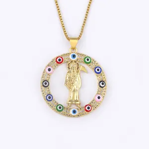 Vintage 18K Gold Plated Scythe Grim Reaper Pendant Necklace Evil Eye Zircon Jewelry