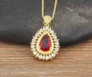 Squisita collana con ciondolo in zircone rosso a goccia, rame placcato oro 18k, gioiello elegante