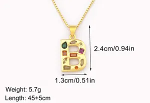 Gold plated initial letter B pendant necklace inlaid with multi-colored zirconia stones, 45+5cm