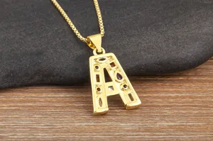 Gold-plated letter A pendant necklace with colorful cubic zirconia stones, elegant jewelry.