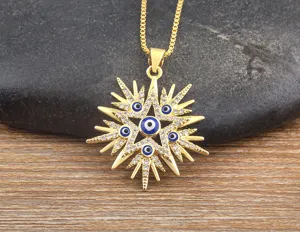 Gold-plated Turkish eye evil eye star pendant necklace detailed view featuring sparkling zirconia.