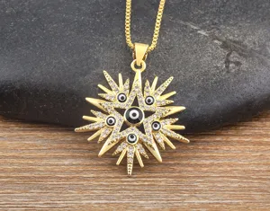Detailed close-up view of the gold-plated evil eye pentagram pendant necklace with sparkling cubic zirconia stones.