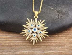 Gold plated blue evil eye pentagram star rhinestone pendant necklace detail close-up view