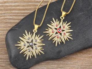 Gold plated evil eye star pendant necklace detailed shot showcasing sparkling cubic zirconia.