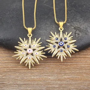 Gold-Plated Turkish Evil Eye Star Pendant Necklace Set with Zirconia Gems for Women