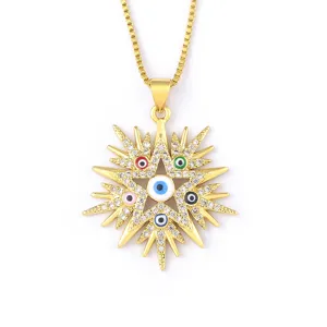 18K Gold Plated Evil Eye Star Necklace with Colorful Enamel Pave Crystals Pendant Jewelry