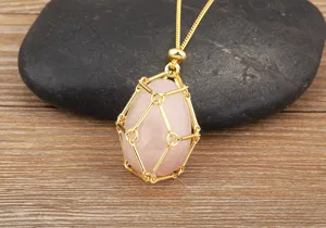 Adjustable gold plated natural rose quartz cage pendant necklace, elegant crystal jewelry gift.