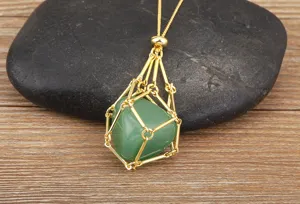 Details of 18K gold plated copper wire cage necklace with natural green crystal stone pendant.