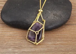 Detailed view of 18k gold plated natural crystal cage pendant necklace with bamboo metal mesh.