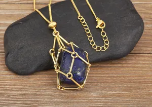 Gold plated geometric wire cage pendant necklace with natural lapis lazuli stone for women
