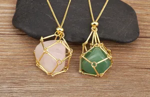 Natural Crystal Cage Pendant Necklace Copper Plated Gold Adjustable Chain Jewelry Detail View