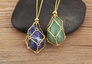 Natural crystal stone wire wrapped mesh pendant necklace with adjustable gold chain jewelry detail view