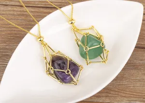 Detail shot of natural crystal cage pendant necklace with 18k gold plated chain.